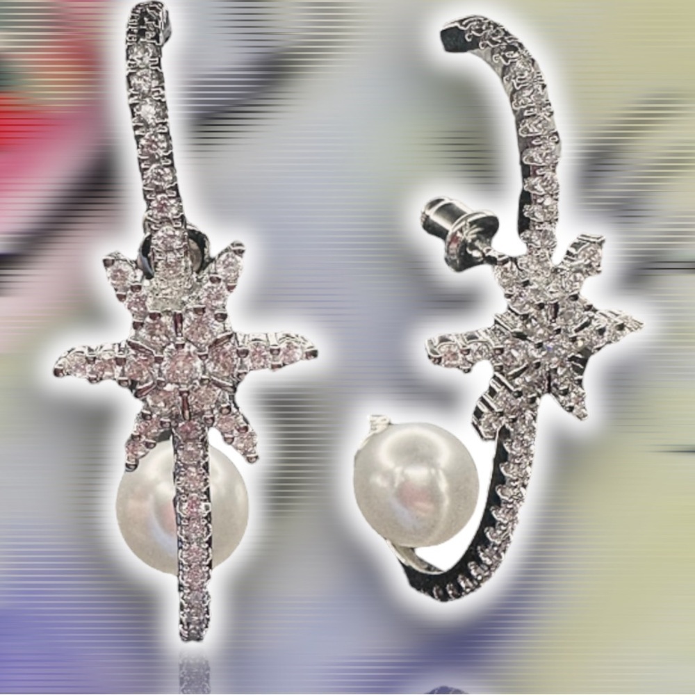 NEW CZ Over Lobe Drop Star Earrings With Reverse White Imitation Pearl - Picture 4 of 10